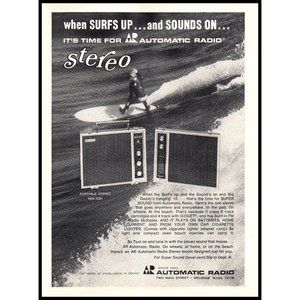 1970 Automatic Radio Portable Stereo Vintage Print Ad Surfer Surfing Wall Art